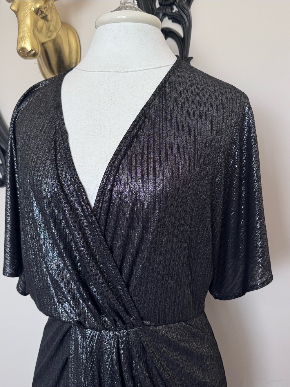 ASOS Dark Silver Black Metallic Wrap Kimono Maxi Dress - Picture 4 of 11